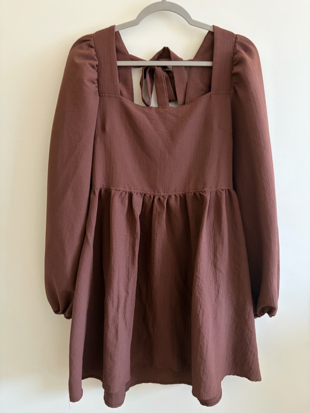 Size L Brown Square Neck Long Sleeve Babydoll Mini Dress